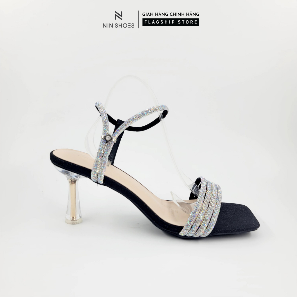 Sandal nữ Ninshoes 6 phân gót nhọn trong vàng bốn quai ngang đính đá mũi vuông cao cấp
