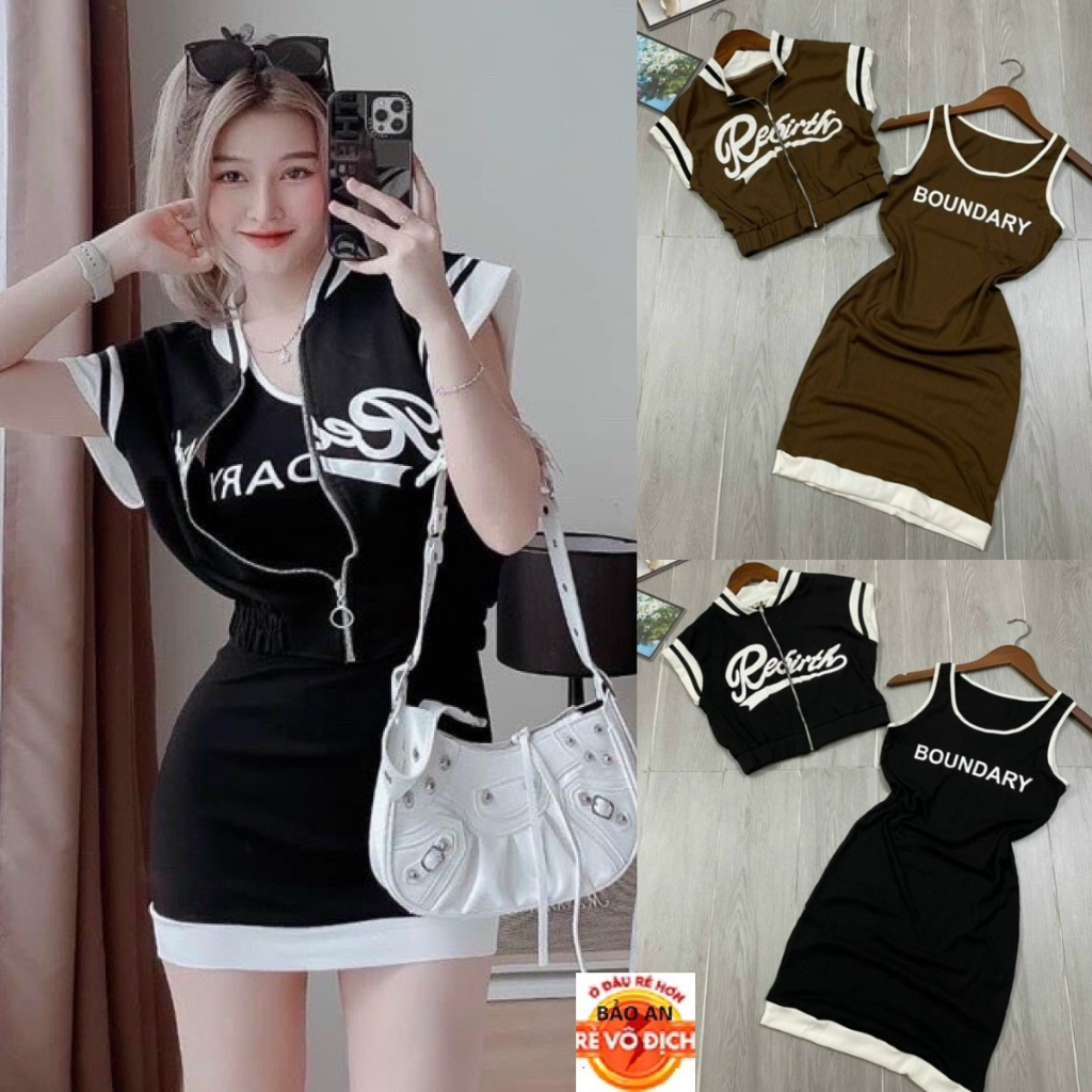 Sét bộ nữ 2 món đầm dây body + áo lững viền khóa kéo in chất vải thun gân len 4 chiều FreeSize feedback Bảo An Shop