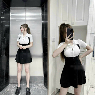 Set chân váy áo sơ mi kèm chân váy cài nút kèm dây vòng cổ xinh xắn, đáng yêu