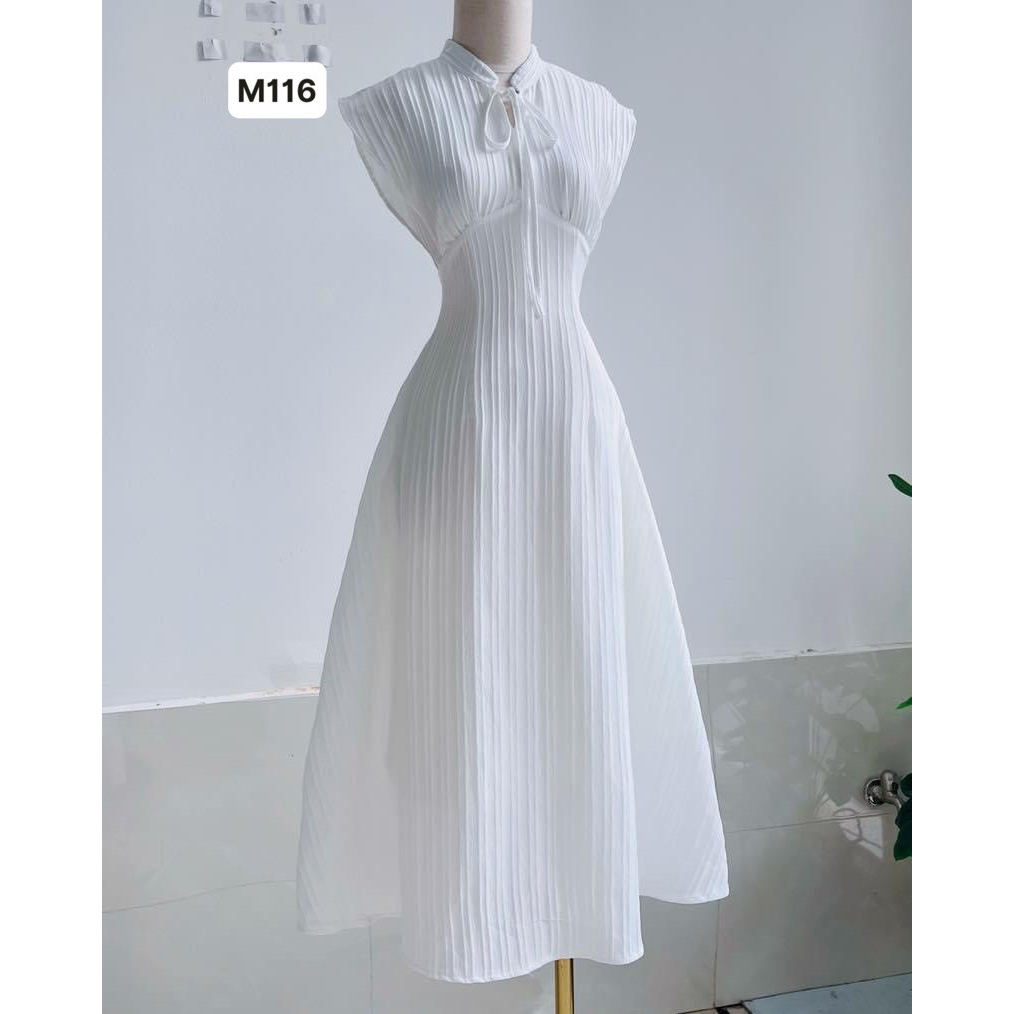 M116-Đầm trắng cổ cao thắt nơ