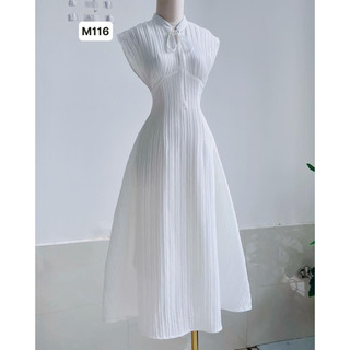 M116-Đầm trắng cổ cao thắt nơ