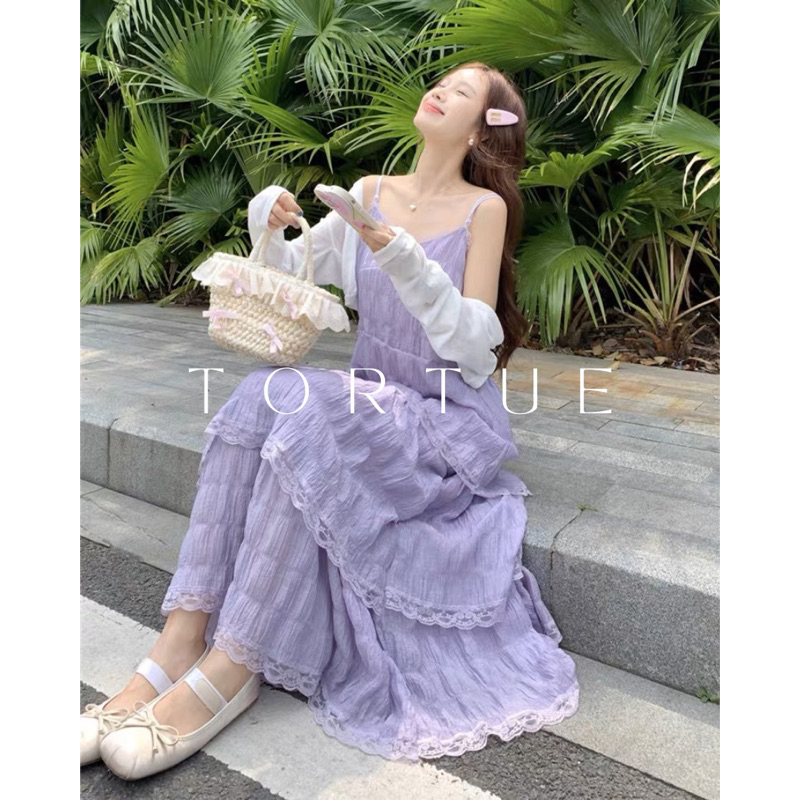 V163 Đầm váy dài hai dây nhiều tầng phối bèo tím trắng nhàng mùa hè phong cách Pháp Retro Vintage Taobao mới 2023