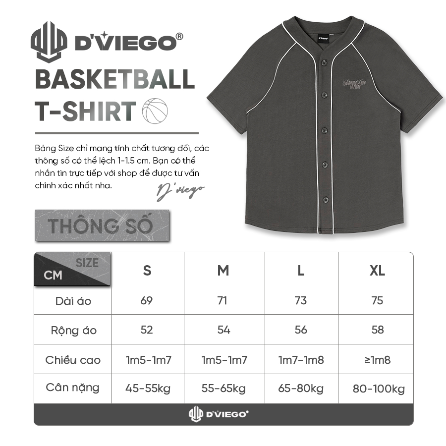 Áo T-shirt bóng chày JERSEY có khuy cài 100% cotton chính hãng - D'VIEGO