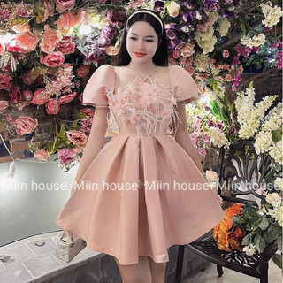Váy tay bồng dây v hoa đá lông vũ