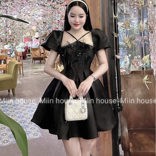 Váy tay bồng dây v hoa đá lông vũ