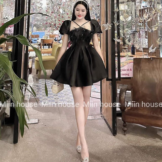 Váy tay bồng dây v hoa đá lông vũ