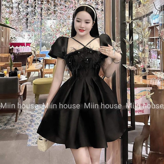Váy tay bồng dây v hoa đá lông vũ