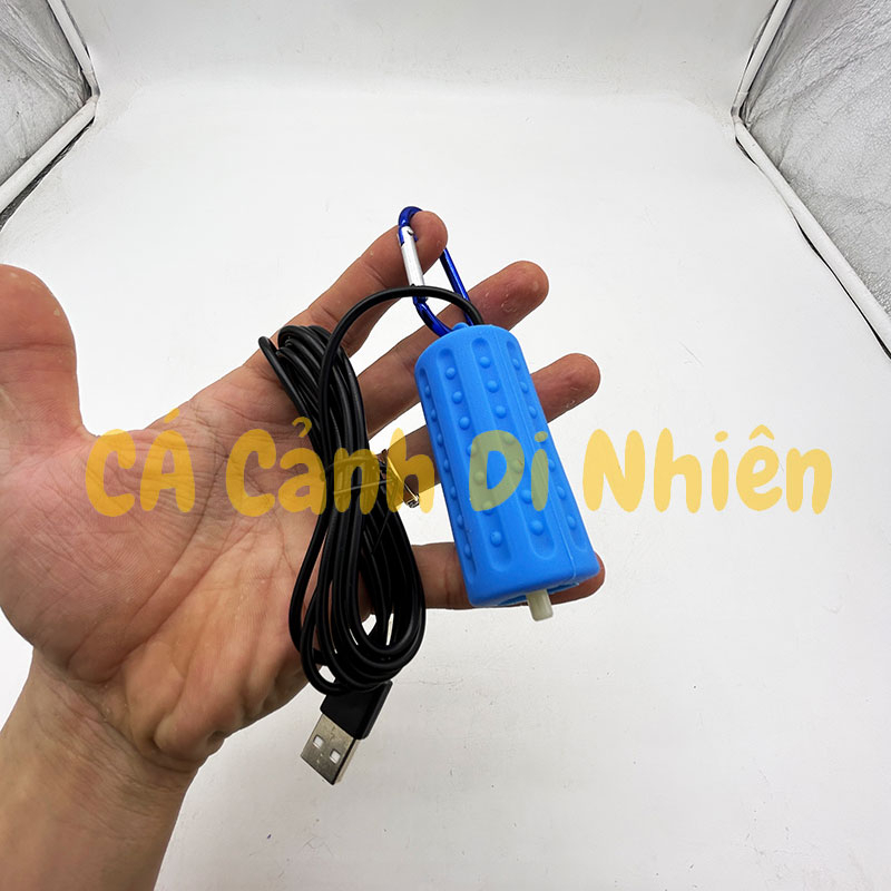 Máy sục sủi khí oxy 1 vòi kết nối USB mini có móc khóa treo khi đi câu hồ cá