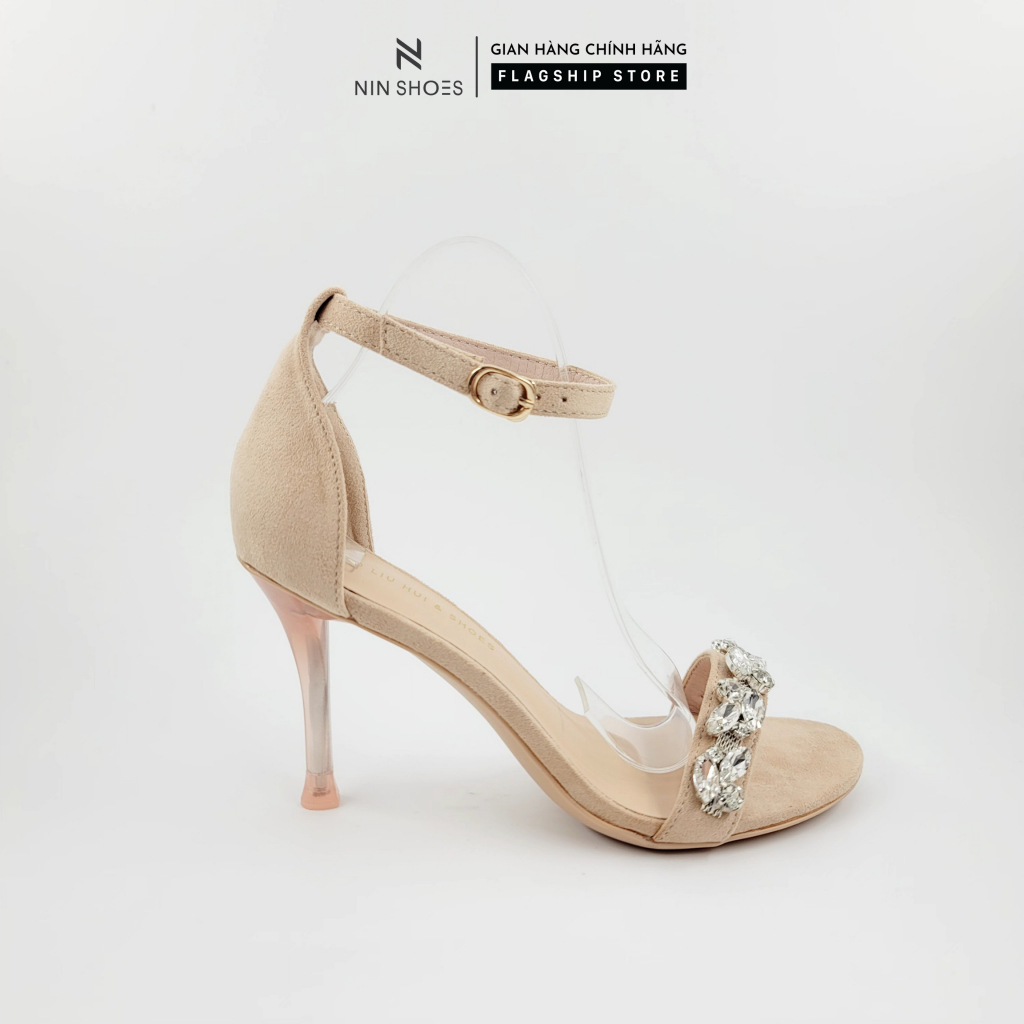 Sandal nữ Ninshoes 9 phân gót nhọn quai ngang đính đá da lộn mũi tròn bít gót sau