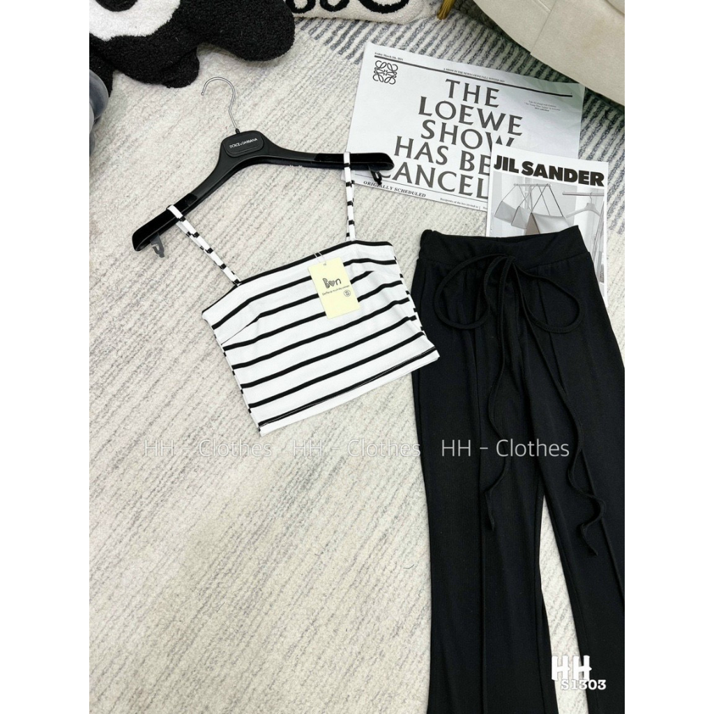 Set bộ nữ chất thun gân 2 món áo 2 dây sọc ngang croptop mix quần dài ống loe xinh xắn