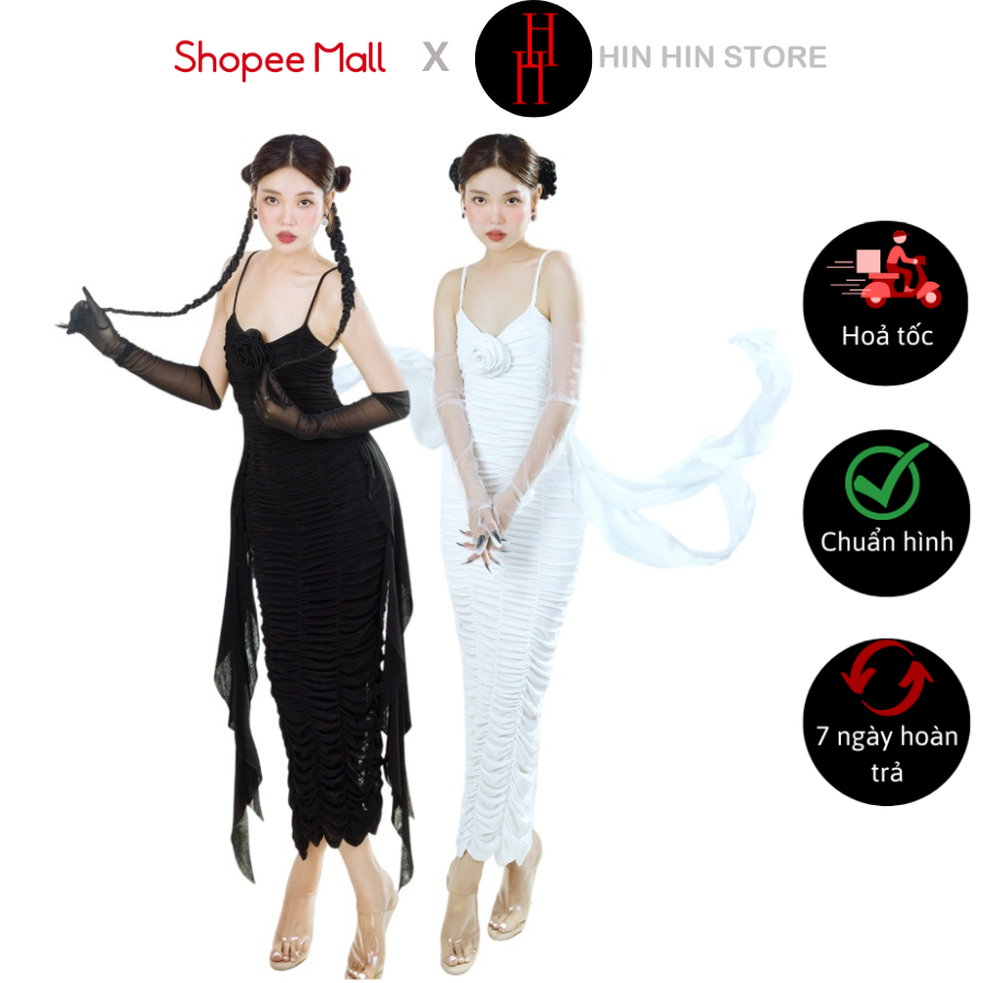 Đầm body hai dây nhún phối dây tua rua kết hoa dài qua gối màu đen - trắng HDT307 Hỉn Hỉn Store