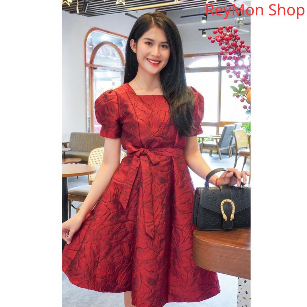 Đầm Xòe Dự Tiệc Cao Cấp Chất Liệu Gấm Hoa Kèm Nơ Eo Phong Cách Trẻ Trung Năng Động.