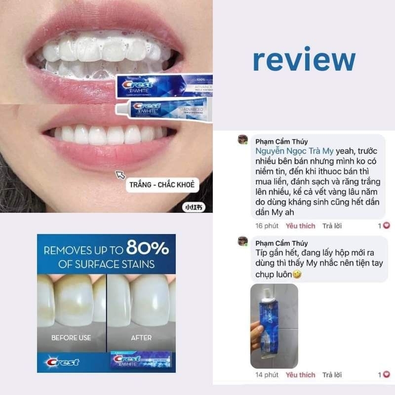 Kem đánh răng trắng răng Crest 3D Mỹ tuýp 156gr