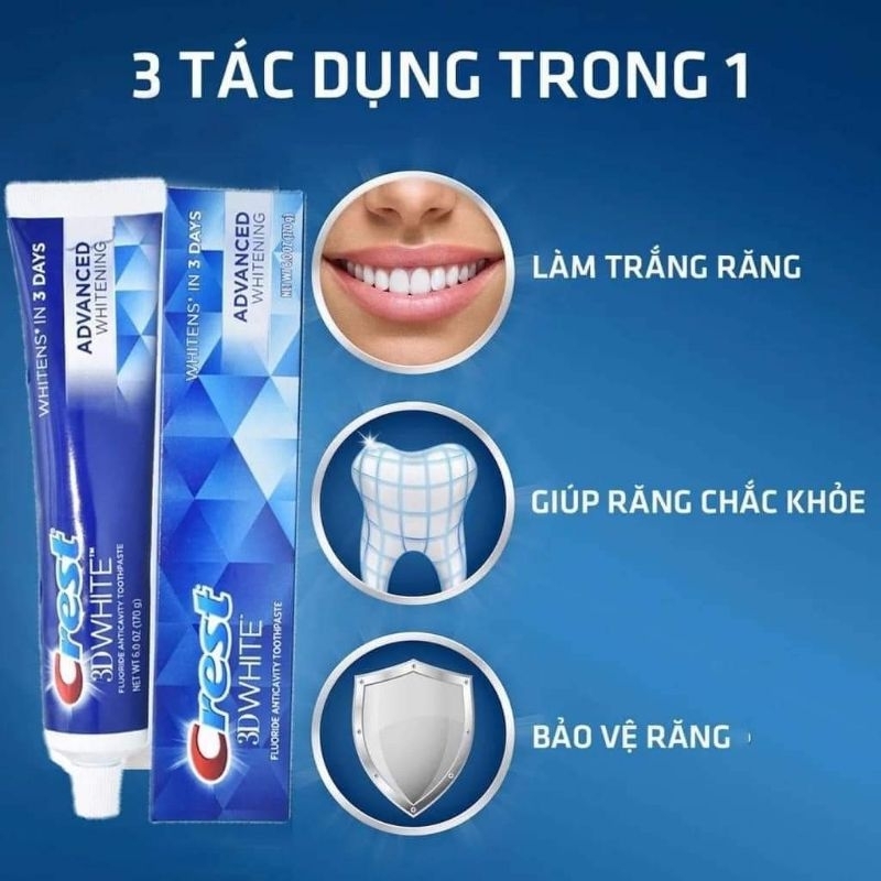 Kem đánh răng trắng răng Crest 3D Mỹ tuýp 156gr