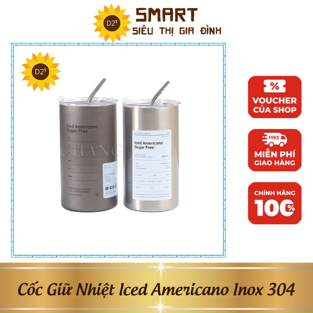 Cốc Giữ Nhiệt Iced Americano Inox 304 Ly Uống Coffee 600ML Giữ Nhiệt 6-8 Tiếng Kèm Ống Hút, Cốc Thời Trang Giữ Nhiệt