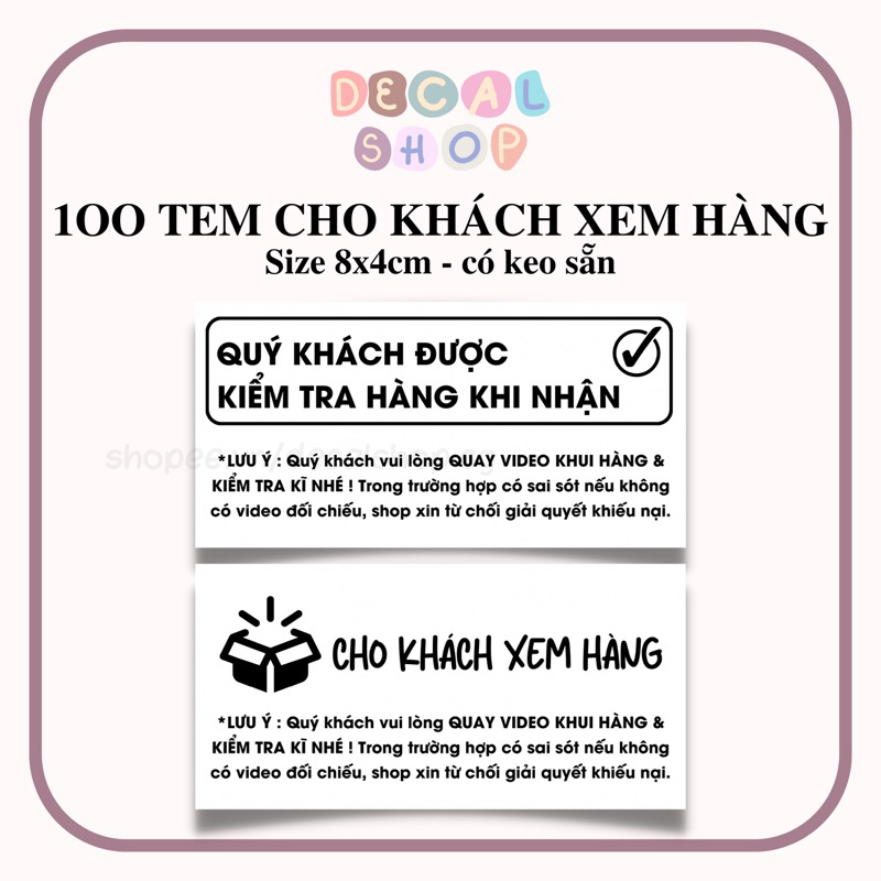 Set 100 Tem "ĐƯỢC KIỂM TRA HÀNG" - Size 8x4cm - Có Keo Sẵn