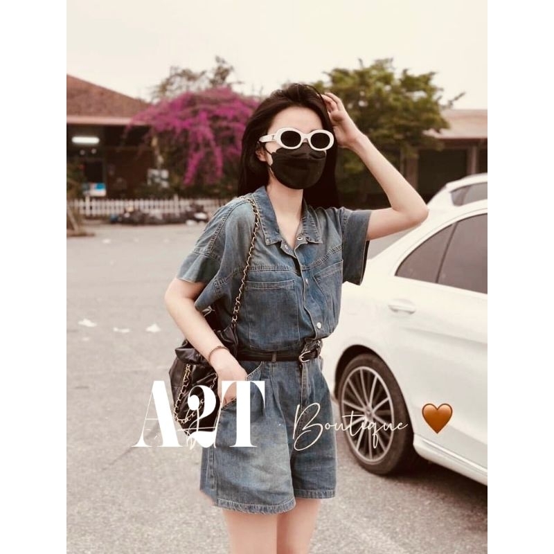 Jumpsuit short jean kèm belt bo eo 2M cộc tay cổ bẻ quần đùi chất mềm mại cao cấp ,set jean áo cộc có túi (Hàng có sẵn)
