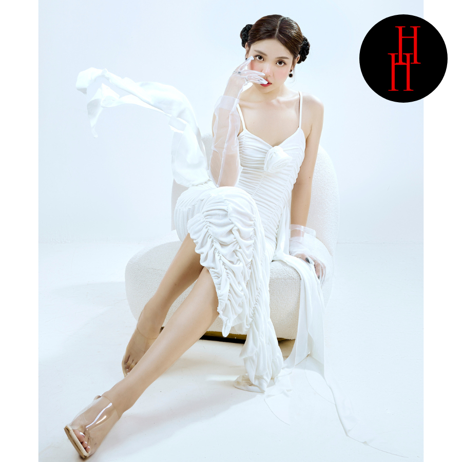 Đầm body hai dây nhún phối dây tua rua kết hoa dài qua gối màu đen - trắng HDT307 Hỉn Hỉn Store