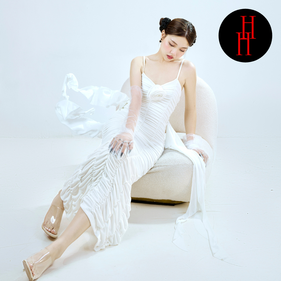 Đầm body hai dây nhún phối dây tua rua kết hoa dài qua gối màu đen - trắng HDT307 Hỉn Hỉn Store