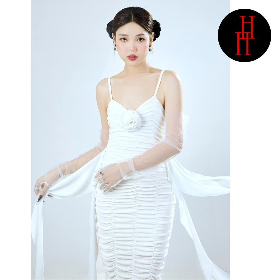 Đầm body hai dây nhún phối dây tua rua kết hoa dài qua gối màu đen - trắng HDT307 Hỉn Hỉn Store