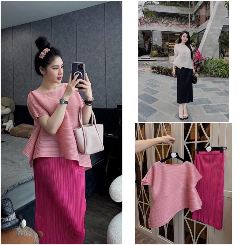 Set Áo Mix Váy Dập Ly