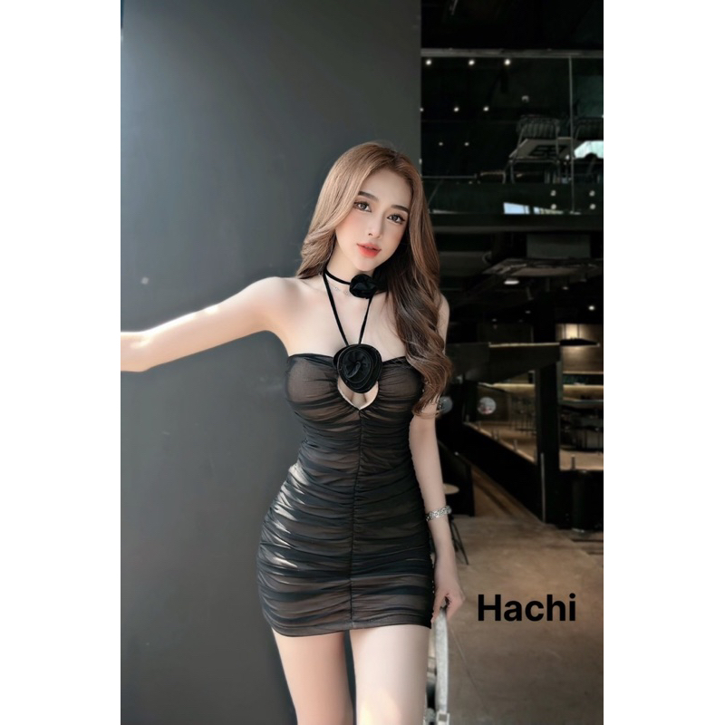 Đầm Cao Cấp Body LƯỚI NHÚN Thân Cúp Mút Ngực Kết Bông Hoa Hồng Trước Ngực