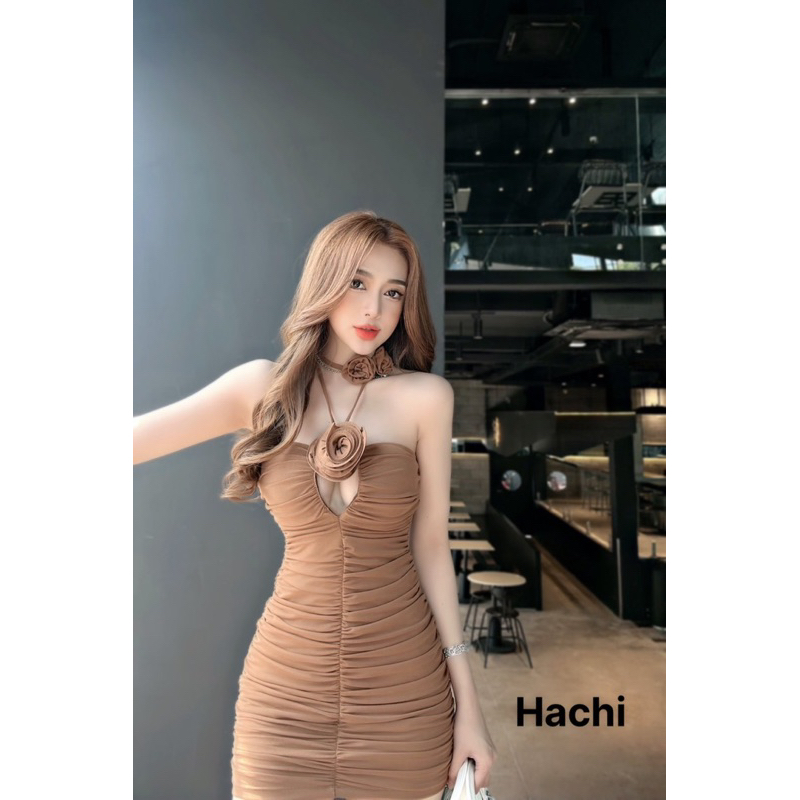 Đầm Cao Cấp Body LƯỚI NHÚN Thân Cúp Mút Ngực Kết Bông Hoa Hồng Trước Ngực