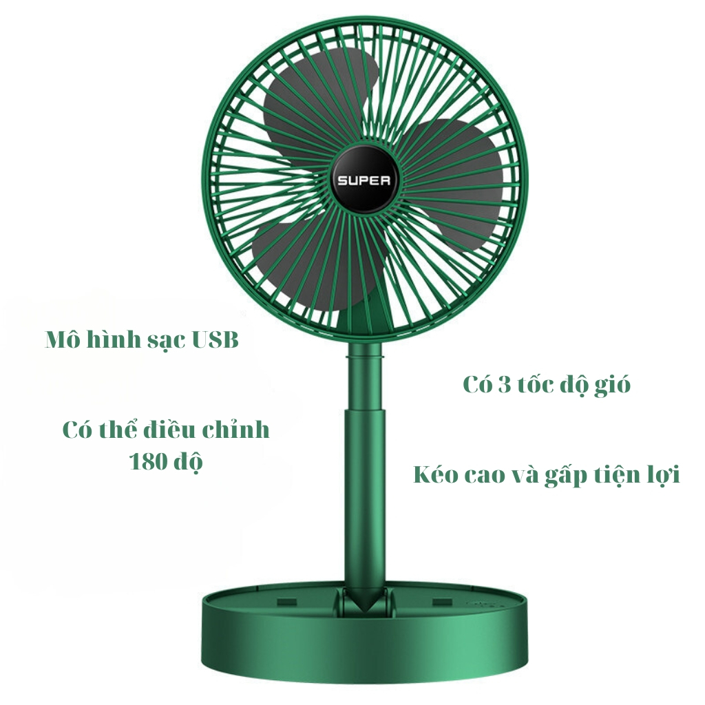 Quạt tích điện để bàn gấp gọn có thể điều chỉnh độ cao 3 tốc độ gió