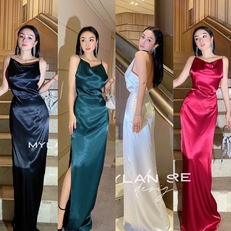 Đầm dạ hội phi hai dây hở lưng cao cấp-ML