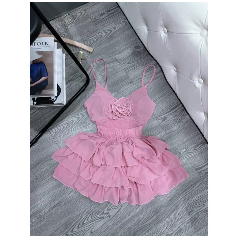 Set Bộ Áo Dây Cổ V Hoa Kết Trước Ngực + Quần Short Tầng Mẫu Mới