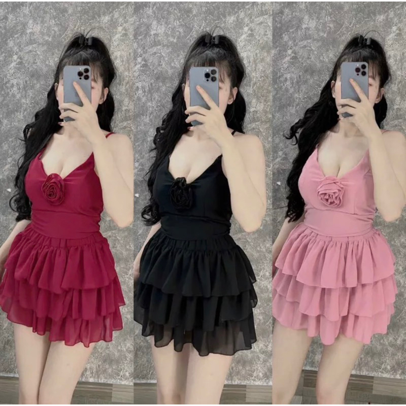 Set Bộ Áo Dây Cổ V Hoa Kết Trước Ngực + Quần Short Tầng Mẫu Mới