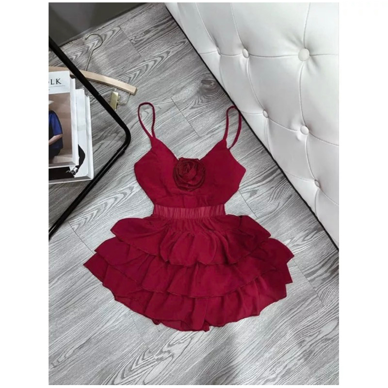 Set Bộ Áo Dây Cổ V Hoa Kết Trước Ngực + Quần Short Tầng Mẫu Mới