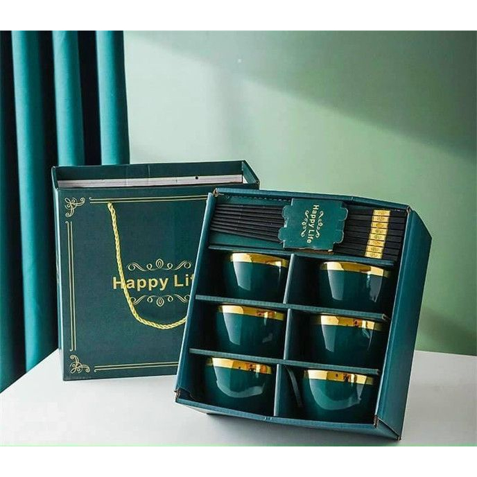 Bộ 6 Bát Sứ xanh Viền Mạ Vàng, Bộ 6 Bát Sứ xanh cổ vịt ,bộ 6 bát ăn cơm mạ vàng ,bộ 6 chén ăn cơm sứ viền vàng