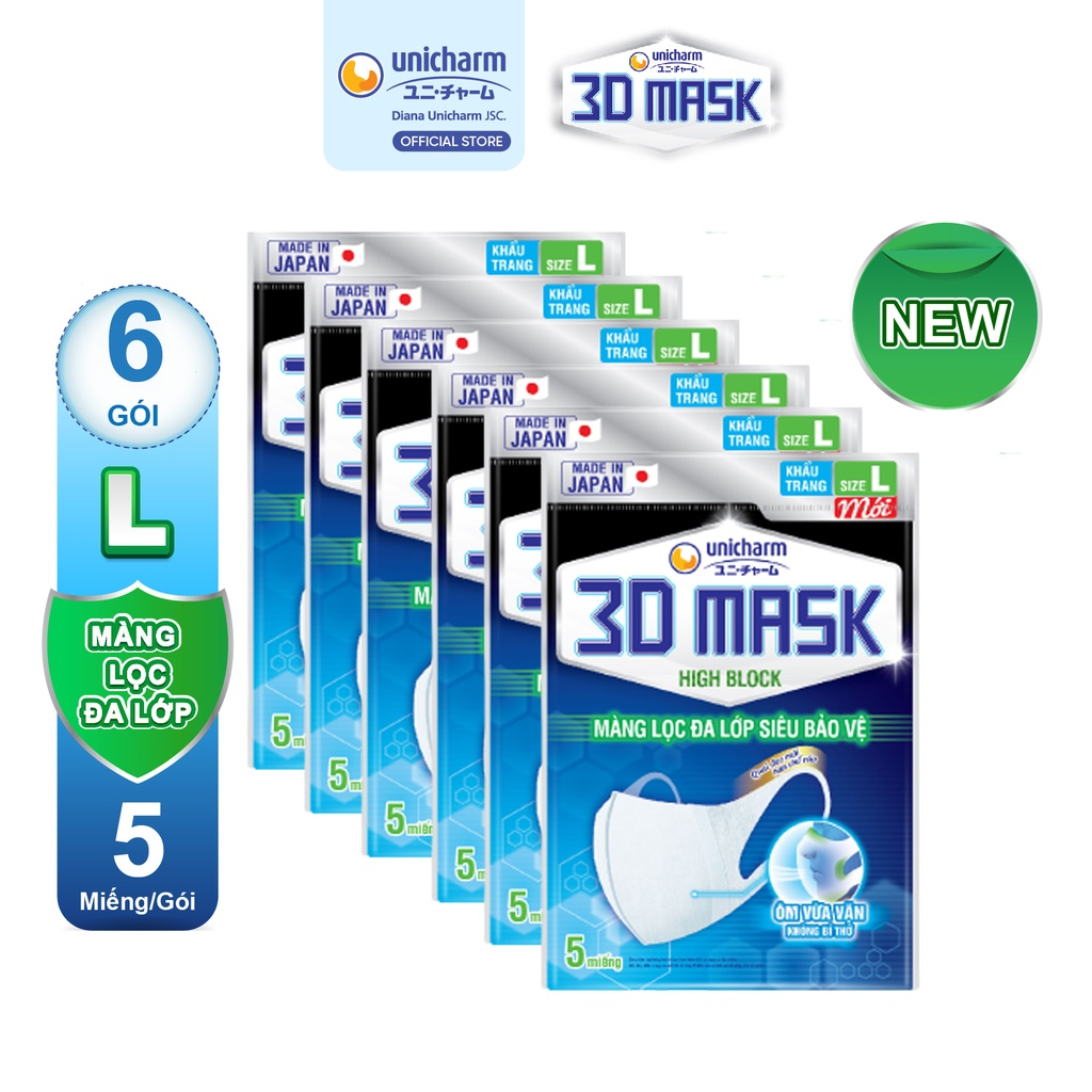 Combo 6 Gói Khẩu Trang Unicharm 3D Mask Nhật Bản Virus Block - Ngăn Virus Siêu Bảo Vệ (Size L -1 Gói 5 miếng)