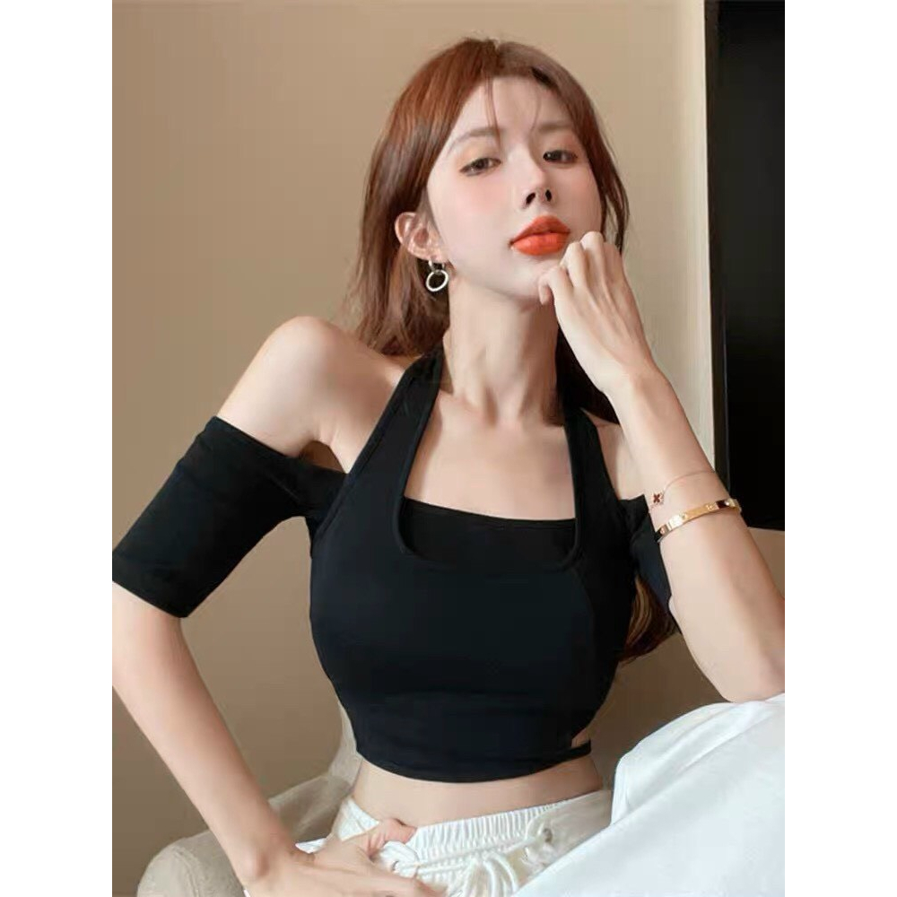 ÁO CROPTOP KIỂU LỬNG NỮ CỔ PHỐI DÂY TRỄ VAI TAY LỠ KHOÉT EO CỘT DÂY MÀU TRẮNG ĐEN CHẤT VẢI THUN BORIP DÀY DẶN