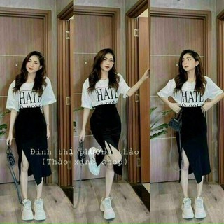 Chân váy XẺ TÀ RÚT DÂY 1 BÊN  lưng cao thun GÂN co giãn.