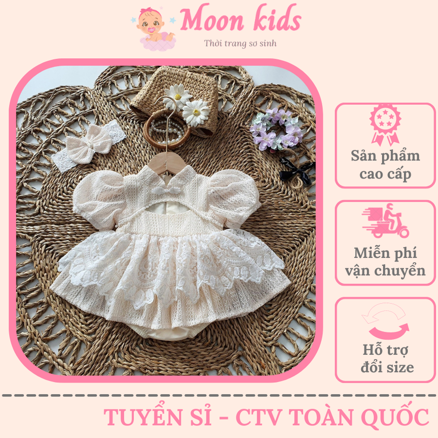 Đầm Body Bé Gái Sơ Sinh MOONKID. Váy Bé Gái Thiết Kế Kèm Turban, Body Váy, Váy Công Chúa Cho Bé, Đầm Đầy Tháng