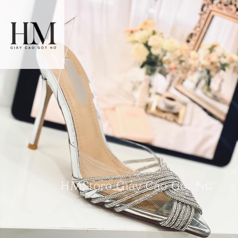 Giày cao gót đính đá quai trong kiểu mới đá xoắn mũi nhọn 9cm HMStore CG201