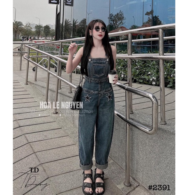 Yếm baggy jean nữ in sao, quần yếm bò nữ dáng baggy sao siêu hot hit