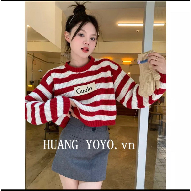 HUANG YOYO Áo sweater dệt kim tay dài cổ tròn hở rốn họa tiết kẻ sọc ngang thời trang Hàn Quốc cổ điển cho nữ