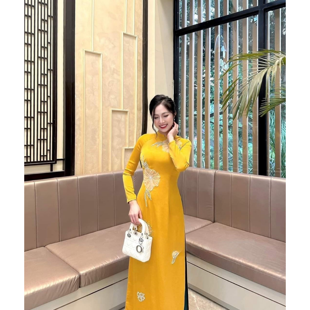 Áo dài vàng cách tân nữ thiết kế đính kết chất liệu lụa cao cấp - Xưởng may Áo dài HQ - HQ11