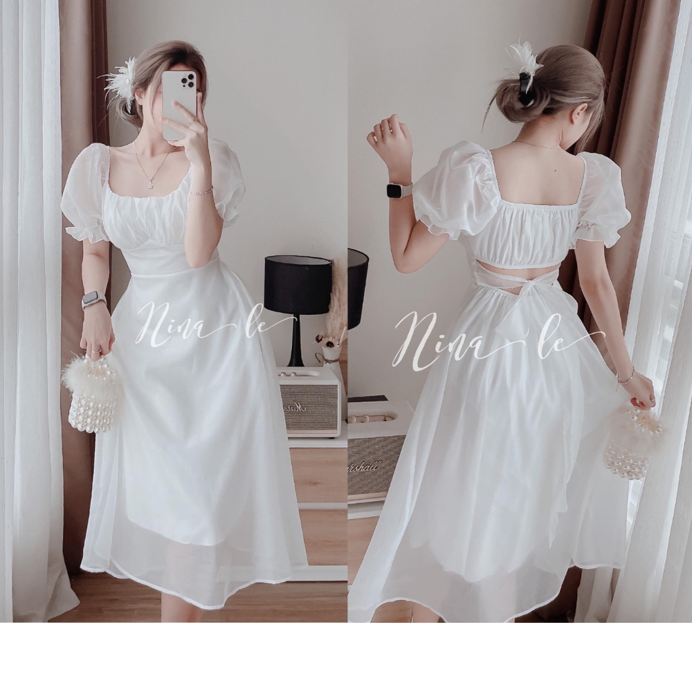 Váy Trắng Tiểu Thư Cổ Vuông Tay Bồng MELLYSTORE Dáng Cộc Tay ,Váy Trắng Công Chúa Dự Tiệc Bánh Bèo Xinh Xắn