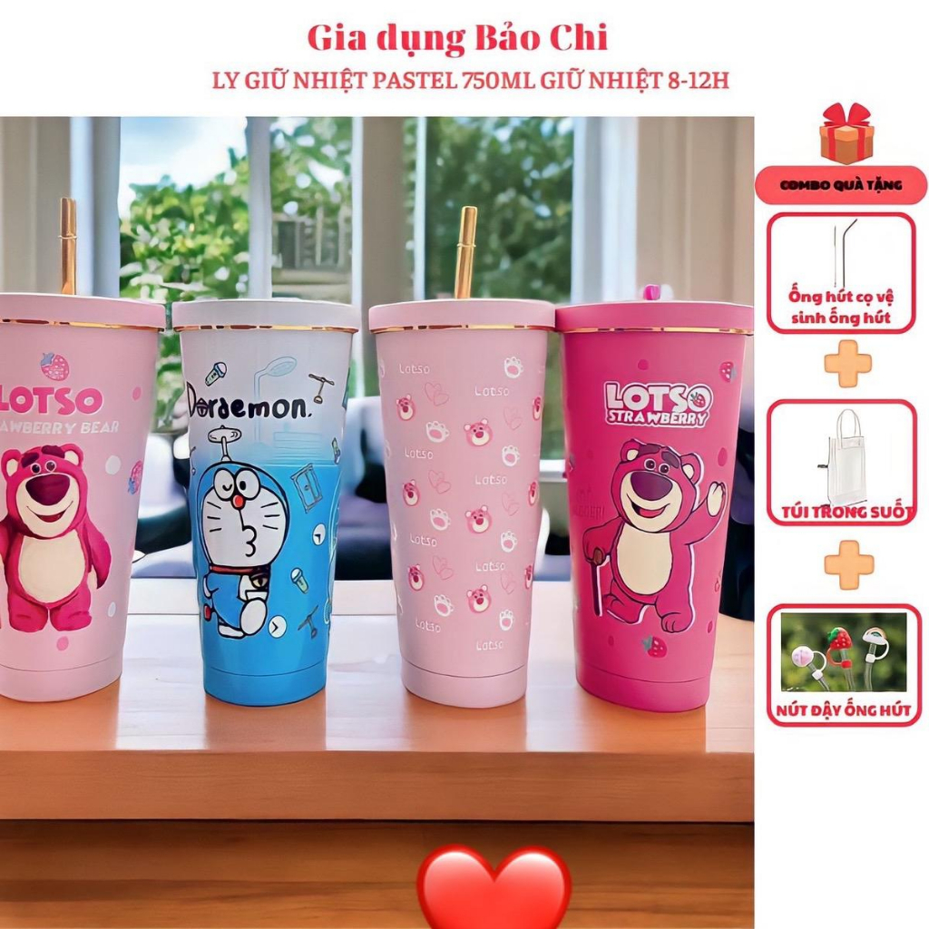 Ly giữ nhiệt Pastel 750ml , cốc giữ nhiệt Gấu dâu Doraemon, inox 304 cao cấp giữ đá lạnh 8-12h