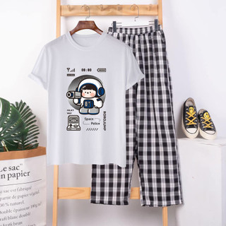Sét Bộ Đồ Nữ Mặc Đi Chơi Dạo Phố Ngắn Tay Mùa Hè, Áo Phông Cotton In Hoạt Hình RORO Space Phong Cách Hàn Quốc