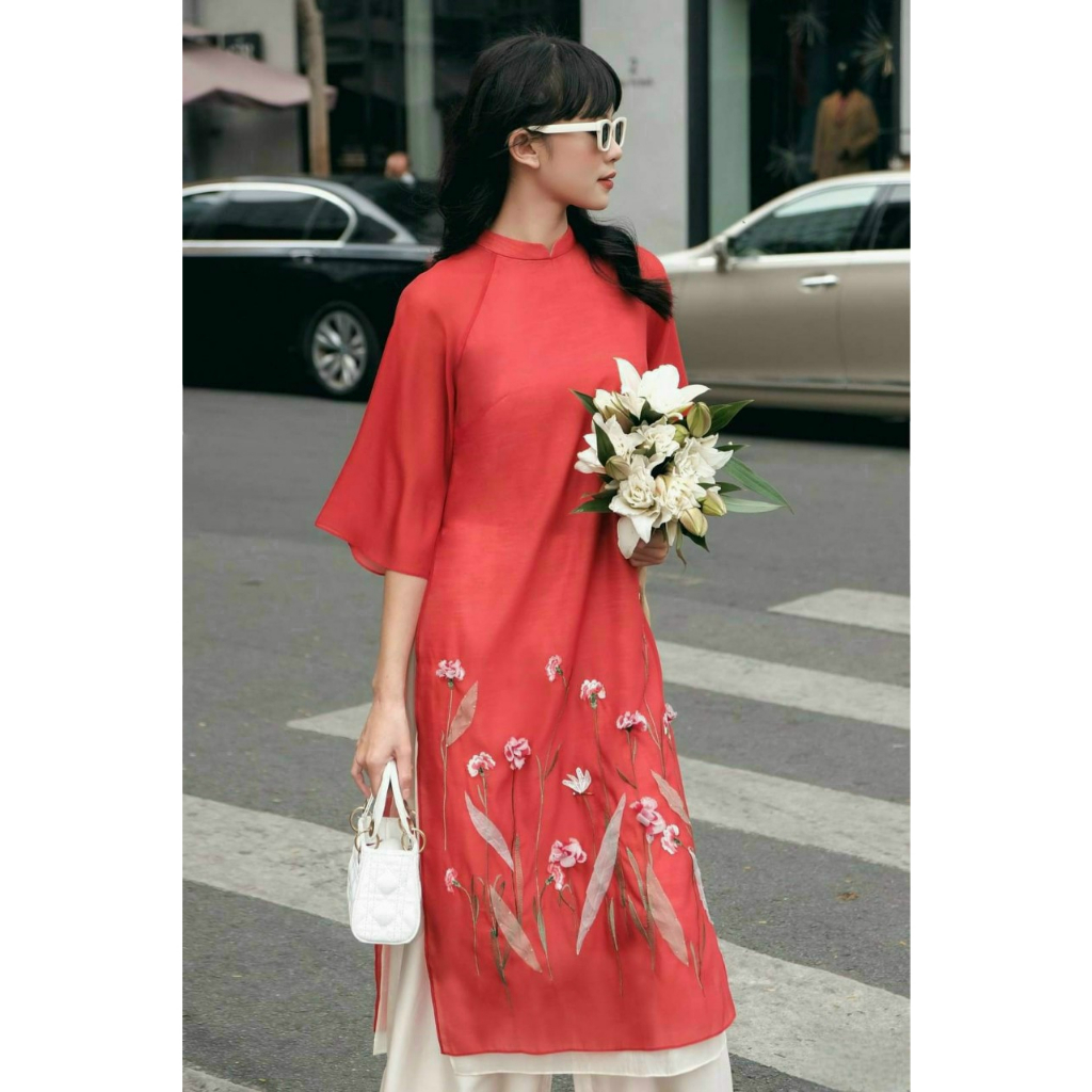 Áo dài cách tân nữ dáng xuông đính kết chất liệu tơ organza cao cấp - Xưởng may Áo dài HQ - HQ18