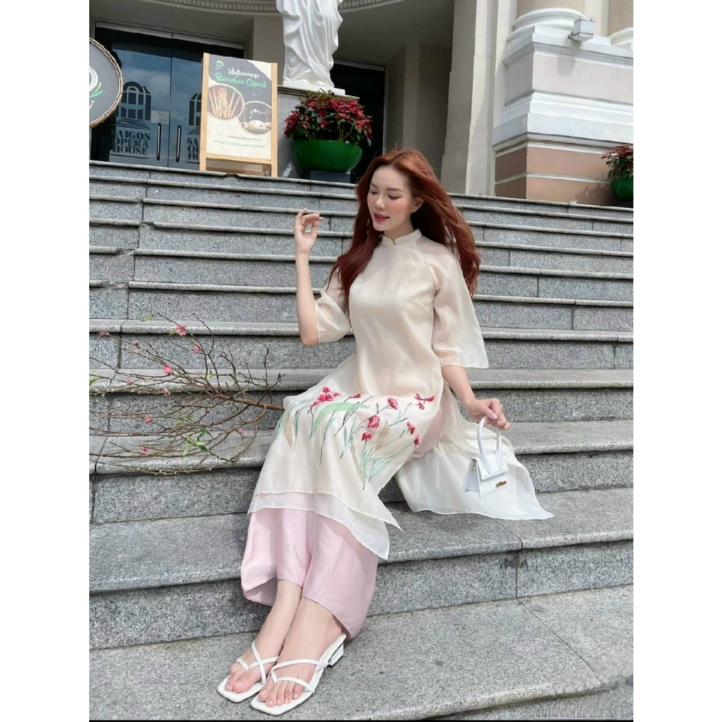 Áo dài cách tân nữ dáng xuông đính kết chất liệu tơ organza cao cấp - Xưởng may Áo dài HQ - HQ18