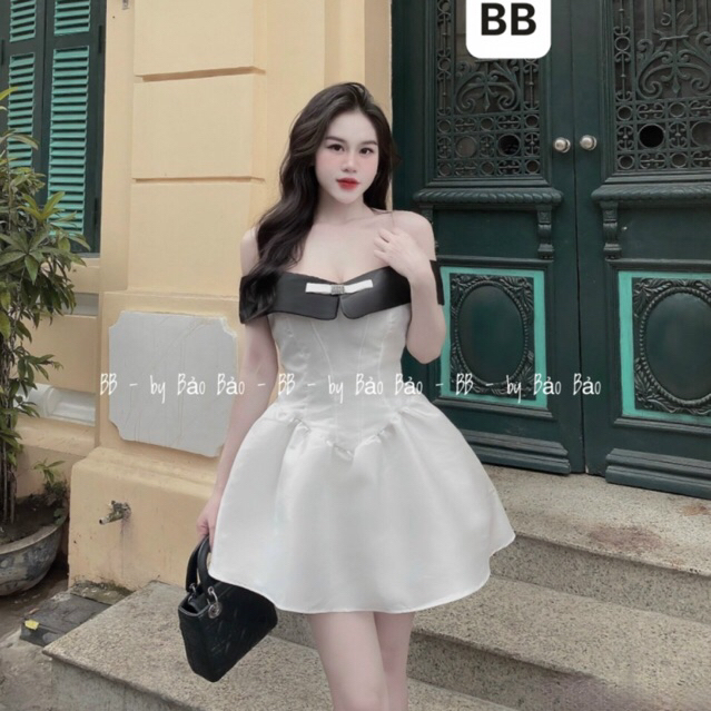 Đầm nữ váy dự tiệc trễ vai phối bèo trắng sexy chuẩn form (Kèm ảnh thật) | BigBuy360 - bigbuy360.vn