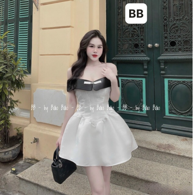 Đầm nữ váy dự tiệc trễ vai phối bèo trắng sexy chuẩn form (Kèm ảnh thật) | BigBuy360 - bigbuy360.vn
