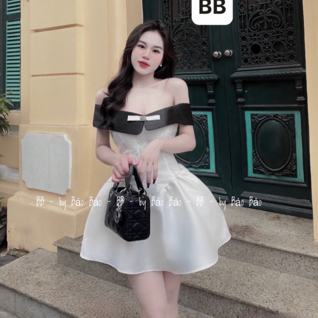 Đầm nữ váy dự tiệc trễ vai phối bèo trắng sexy chuẩn form (Kèm ảnh thật) | BigBuy360 - bigbuy360.vn