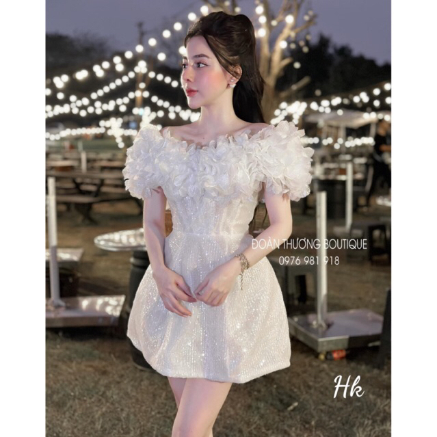 Váy babydoll đầm dự tiệc thiết kế trễ vai kim sa mix hoa dáng ngắn sang chảnh shop Bống Xinh Design ( kèm ảnh thật )